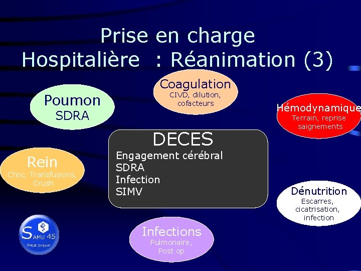 Prise en charge Hospitalière : Réanimation (3) Coagulation Poumon CIVD, dilution, cofacteurs SDRA DECES