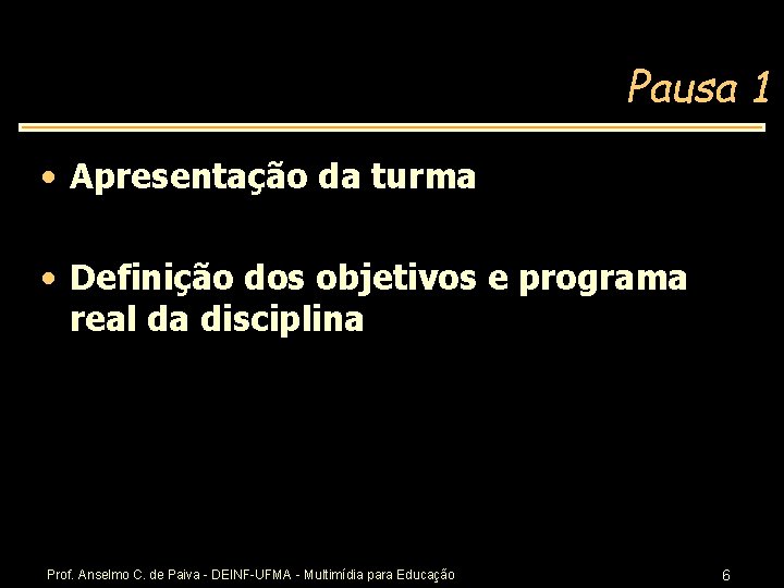 Pausa 1 • Apresentação da turma • Definição dos objetivos e programa real da