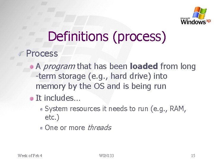 Definitions (process) Process A program that has been loaded from long -term storage (e.