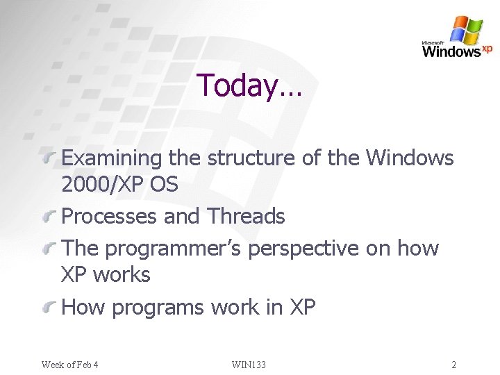Today… Examining the structure of the Windows 2000/XP OS Processes and Threads The programmer’s