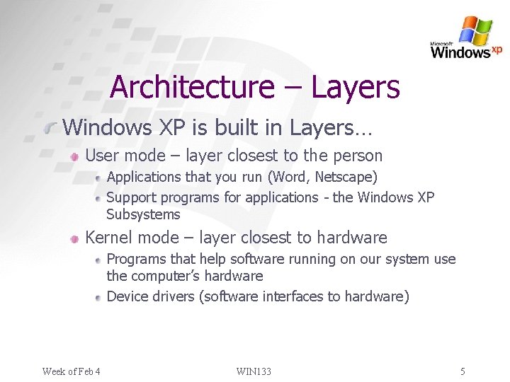 Architecture – Layers Windows XP is built in Layers… User mode – layer closest