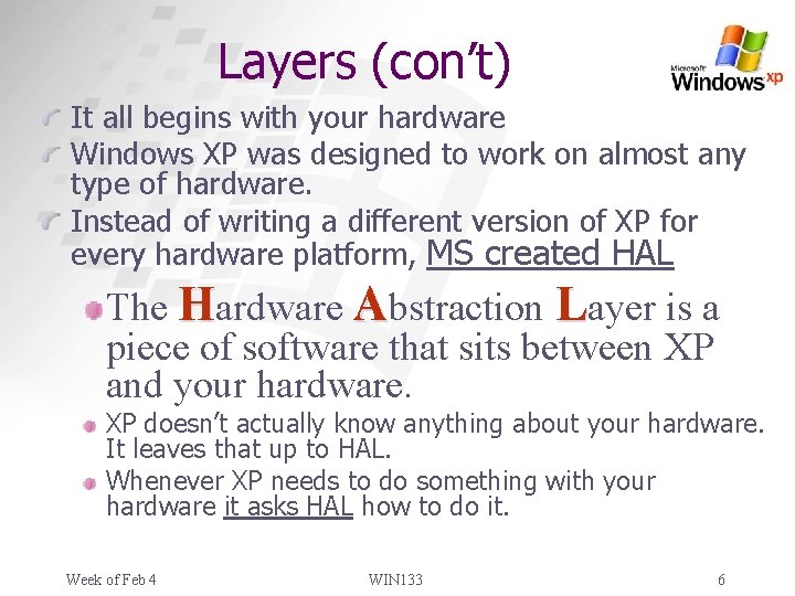 Layers (con’t) It all begins with your hardware Windows XP was designed to work