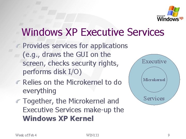 Windows XP Executive Services Provides services for applications (e. g. , draws the GUI