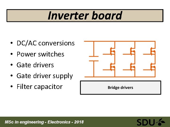  • • • DC/AC conversions Power switches Gate driver supply Filter capacitor MSc