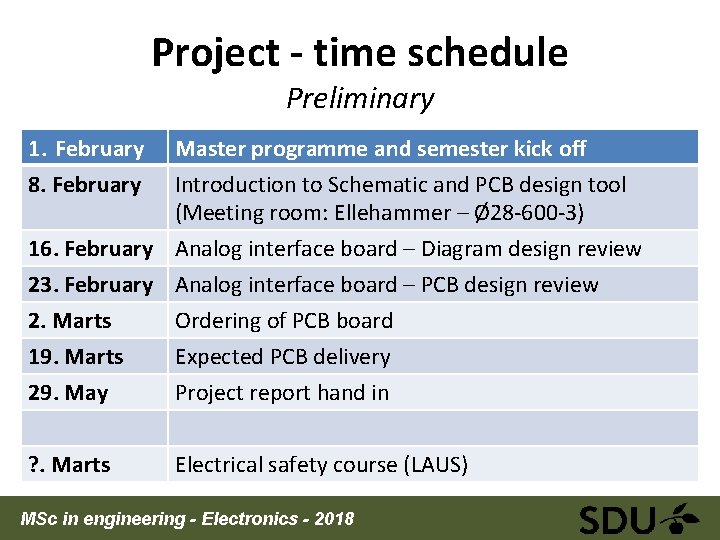 Project ‐ time schedule Preliminary 1. February 8. February Master programme and semester kick