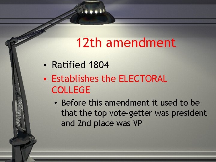 12 th amendment • Ratified 1804 • Establishes the ELECTORAL COLLEGE • Before this