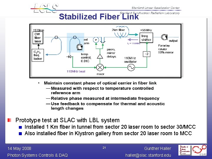 Stabilized Fiber Link Prototype test at SLAC with LBL system Installed 1 Km fiber Stabilized Fiber Link Prototype test at SLAC with LBL system Installed 1 Km fiber
