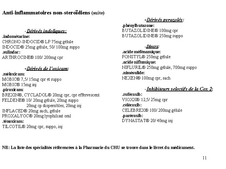 Anti-inflammatoires non-steroïdiens (suite) -Dérivés pyrazolés: -Dérivés indoliques: . indométacine: CHRONO-INDOCID® LP 75 mg gélule