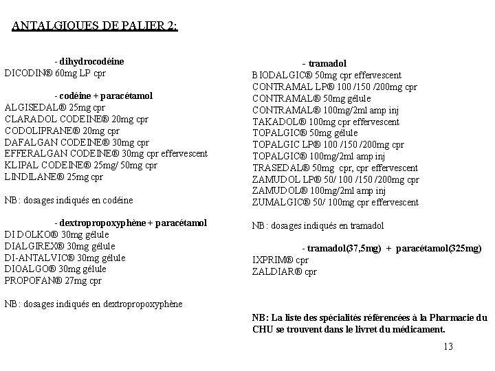 ANTALGIQUES DE PALIER 2: - dihydrocodéine DICODIN® 60 mg LP cpr - codéine +