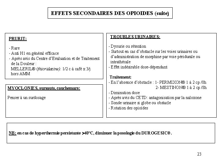 EFFETS SECONDAIRES DES OPIOIDES (suite) PRURIT: - Rare - Anti H 1 en général