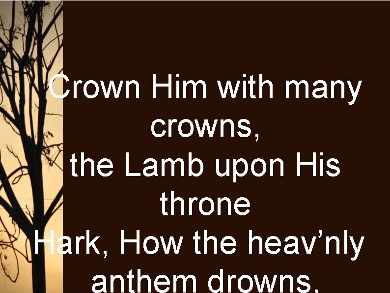 Crown Him with many crowns, the Lamb upon His throne Hark, How the heav’nly