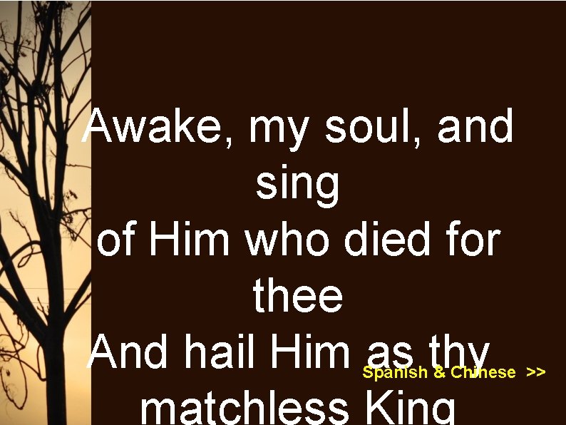 Awake, my soul, and sing of Him who died for thee And hail Him