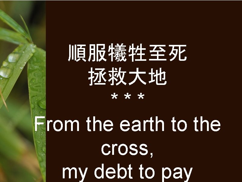 順服犧牲至死 拯救大地 *** From the earth to the cross, my debt to pay 