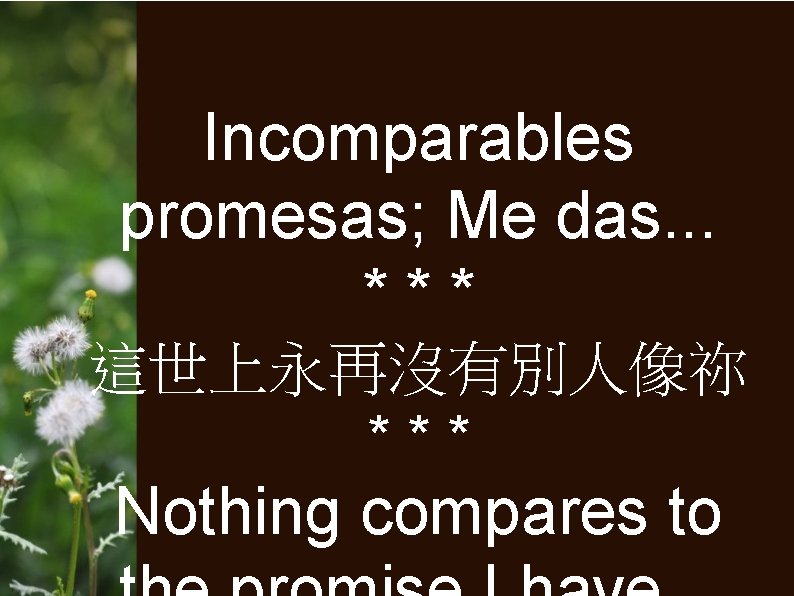 Incomparables promesas; Me das. . . *** 這世上永再沒有別人像祢 *** Nothing compares to 