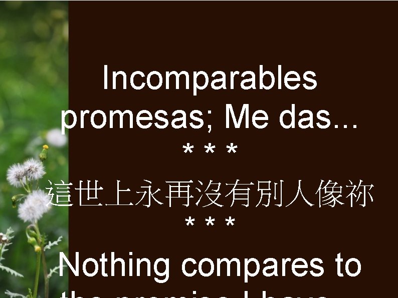 Incomparables promesas; Me das. . . *** 這世上永再沒有別人像祢 *** Nothing compares to 