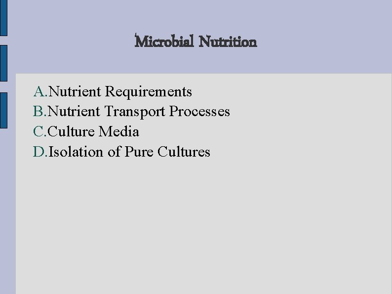 Microbial Nutrition A. Nutrient Requirements B. Nutrient Transport Processes C. Culture Media D. Isolation