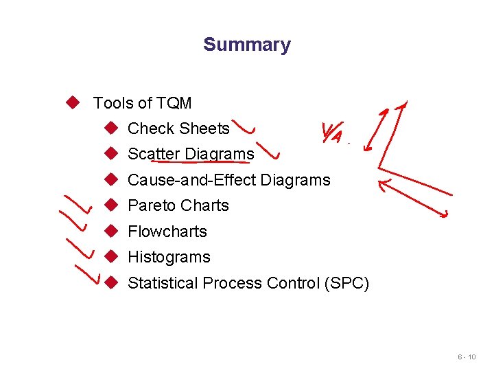 Summary u Tools of TQM u Check Sheets u Scatter Diagrams u Cause-and-Effect Diagrams