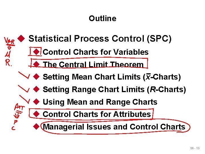 Outline u Statistical Process Control (SPC) u Control Charts for Variables u The Central