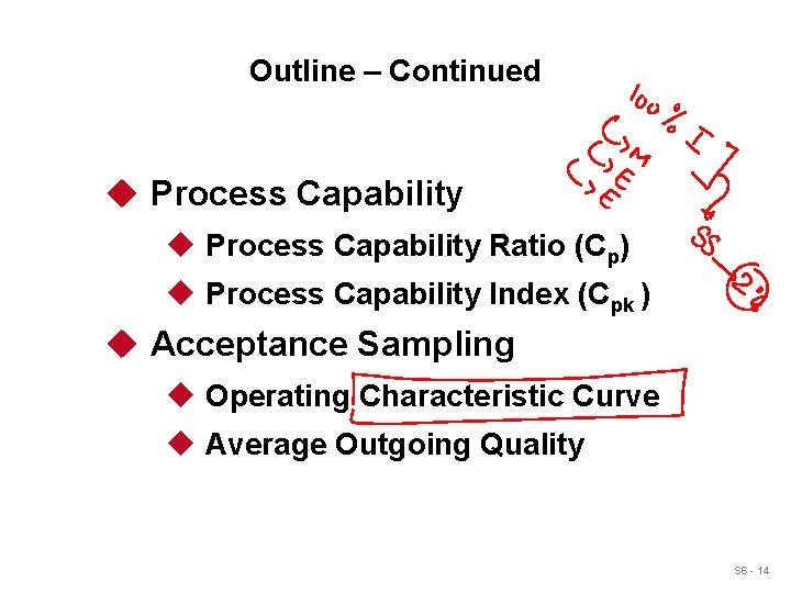 Outline – Continued u Process Capability Ratio (Cp) u Process Capability Index (Cpk )