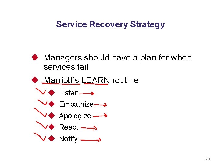 Service Recovery Strategy u Managers should have a plan for when services fail u