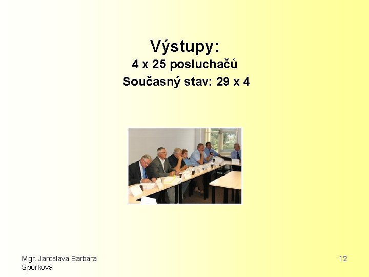 Výstupy: 4 x 25 posluchačů Současný stav: 29 x 4 Mgr. Jaroslava Barbara Sporková