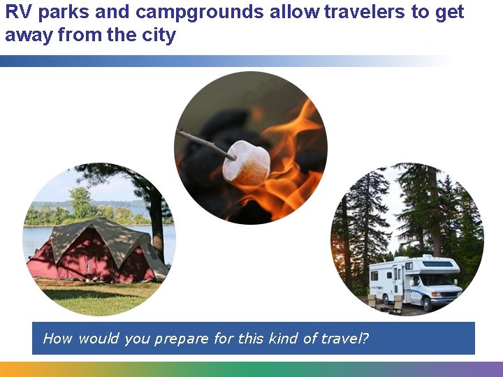 RV parks and campgrounds allow travelers to get away from the city How would
