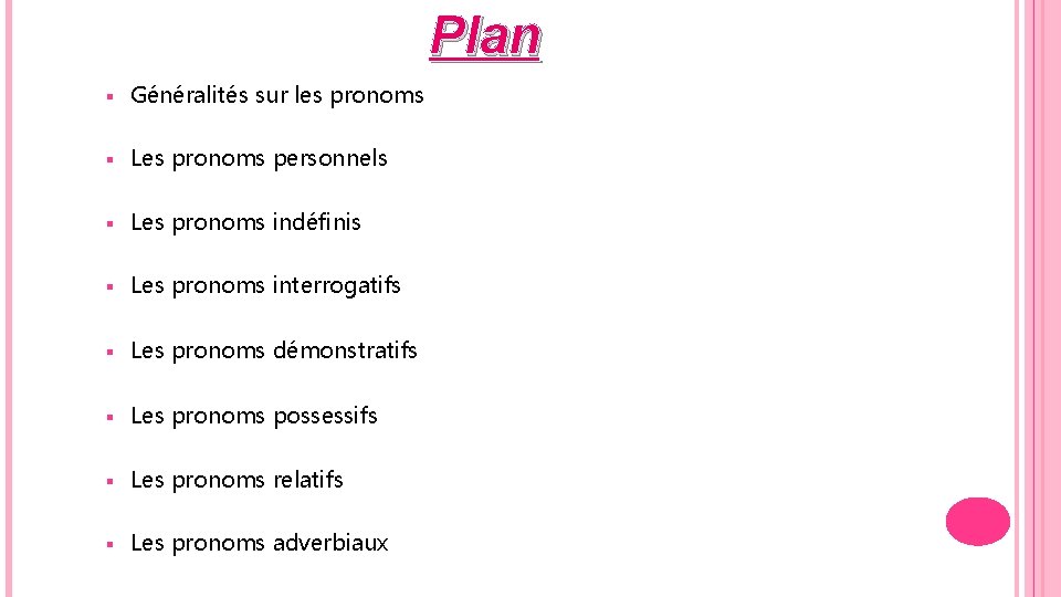 Plan § Généralités sur les pronoms § Les pronoms personnels § Les pronoms indéfinis