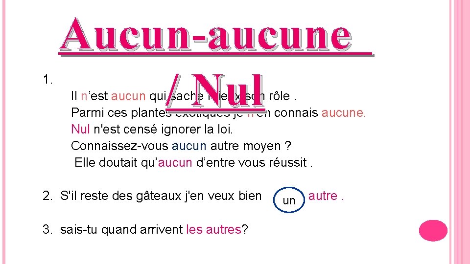 1. Aucun-aucune / Nul Il n’est aucun qui sache mieux son rôle. Parmi ces