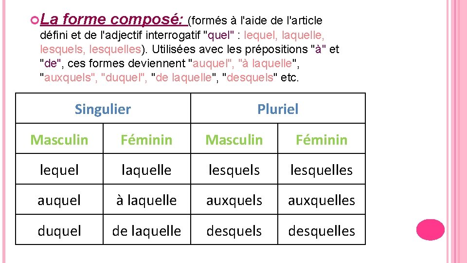  La forme composé: (formés à l'aide de l'article défini et de l'adjectif interrogatif