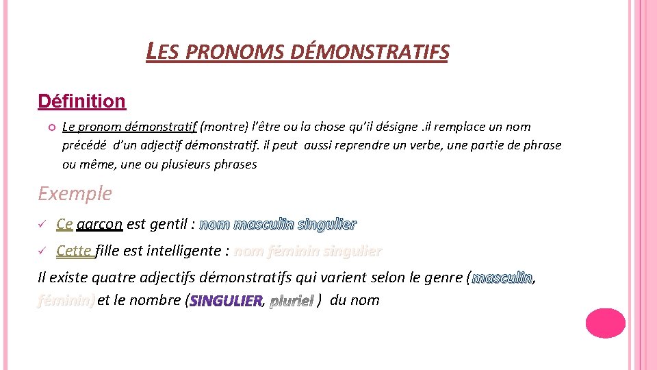 LES PRONOMS DÉMONSTRATIFS Définition Le pronom démonstratif (montre) l’être ou la chose qu’il désigne.