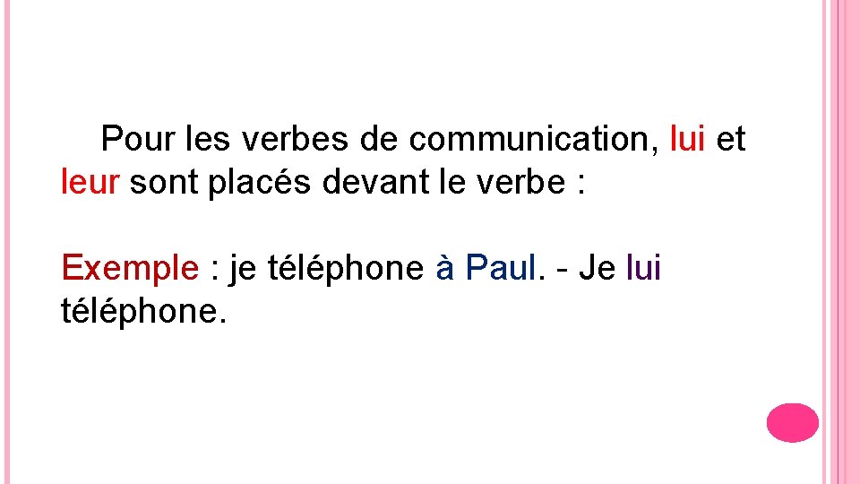 Pour les verbes de communication, lui et leur sont placés devant le verbe :