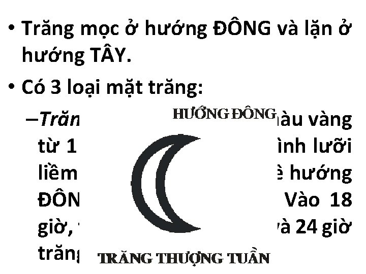  • Trăng mọc ở hướng ĐÔNG và lặn ở hướng T Y. •