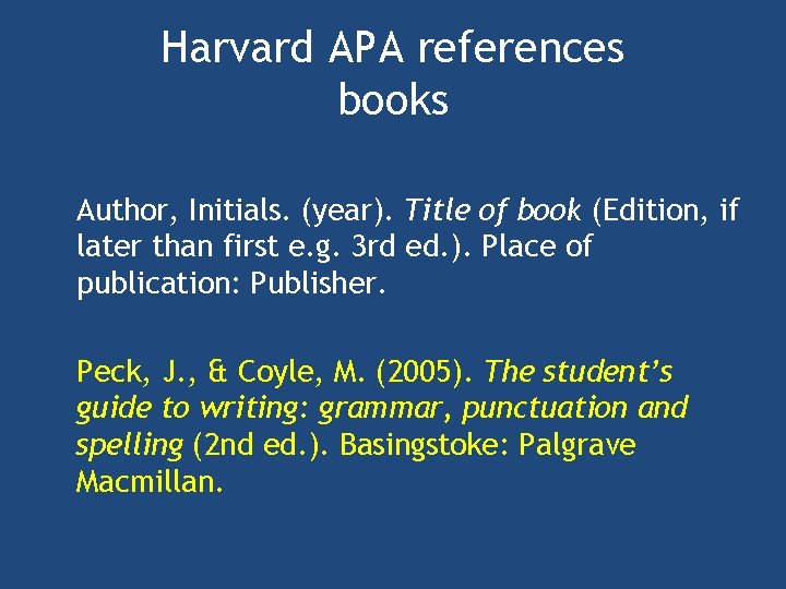 Harvard APA references books Author, Initials. (year). Title of book (Edition, if later than