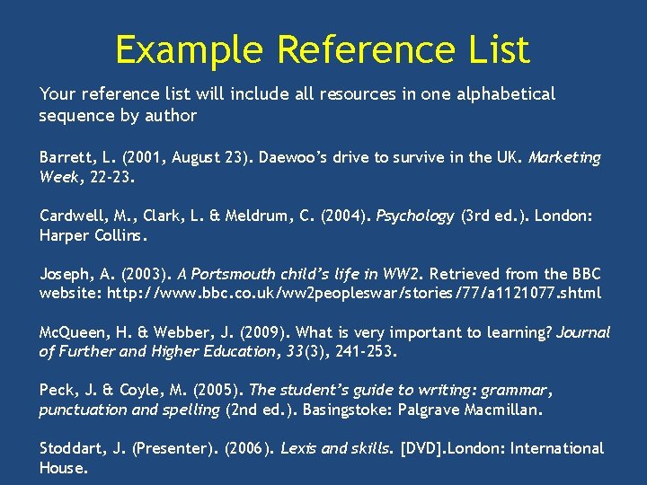 Example Reference List Your reference list will include all resources in one alphabetical sequence