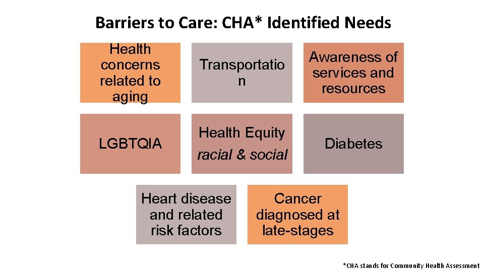 Barriers to Care: CHA* Identified Needs Health concerns related to aging Transportatio n Awareness