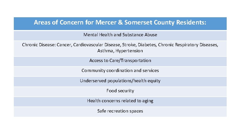 Areas of Concern for Mercer & Somerset County Residents: Mental Health and Substance Abuse