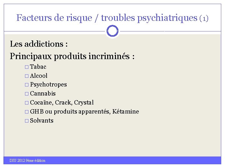 Facteurs de risque / troubles psychiatriques (1) Les addictions : Principaux produits incriminés :