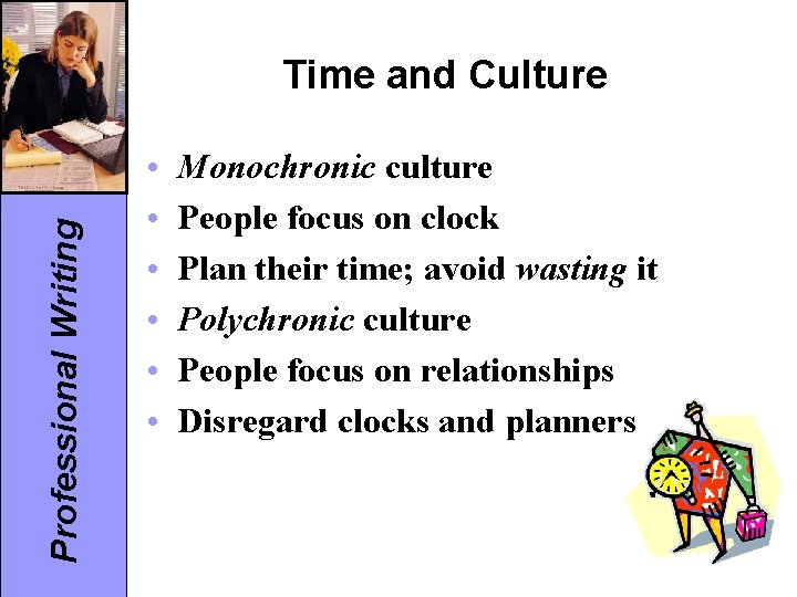 Professional Writing Time and Culture • • • Monochronic culture People focus on clock