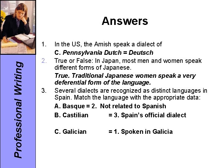 Answers Professional Writing 1. 2. 3. In the US, the Amish speak a dialect