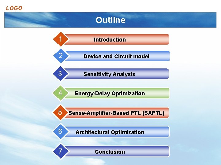 LOGO Outline 1 Introduction 2 Device and Circuit model 3 Sensitivity Analysis 4 Energy-Delay