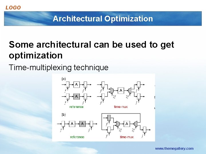 LOGO Architectural Optimization Some architectural can be used to get optimization Time-multiplexing technique www.