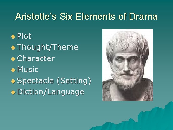 Aristotle’s Six Elements of Drama u Plot u Thought/Theme u Character u Music u