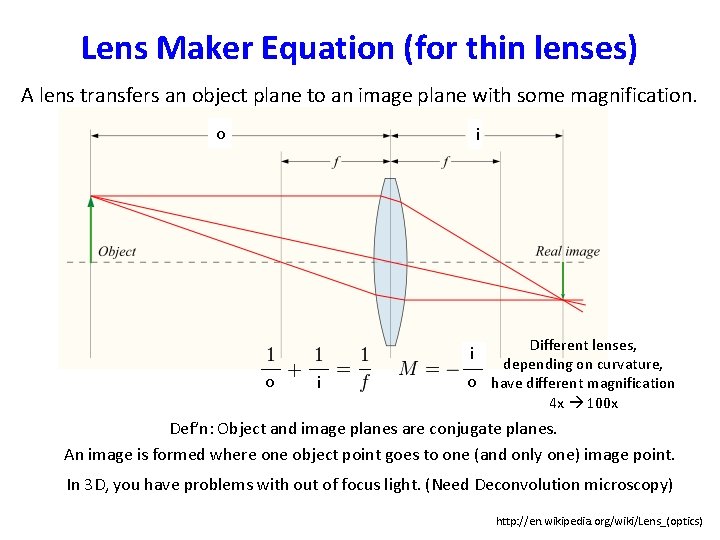 Lens Maker Equation (for thin lenses) A lens transfers an object plane to an