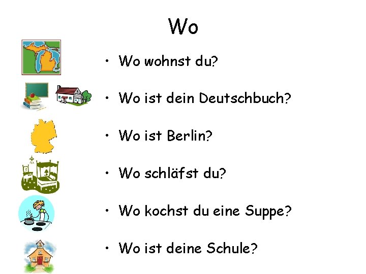 Wo • Wo wohnst du? • Wo ist dein Deutschbuch? • Wo ist Berlin?