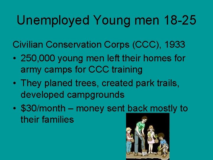 Unemployed Young men 18 -25 Civilian Conservation Corps (CCC), 1933 • 250, 000 young