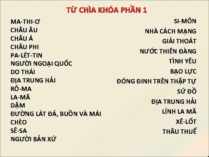 TỪ CHÌA KHÓA PHẦN 1 MA-THI-Ơ CH U U CH U Á CH U