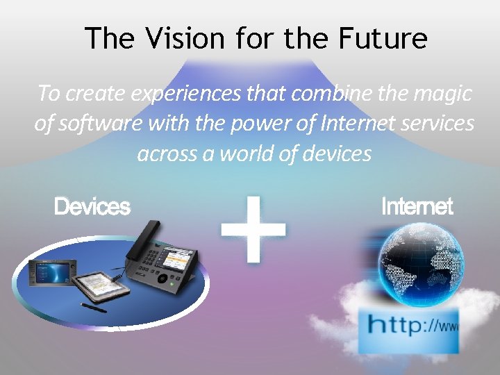 The Vision for the Future To create experiences that combine the magic of software