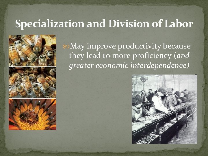 Specialization and Division of Labor May improve productivity because they lead to more proficiency