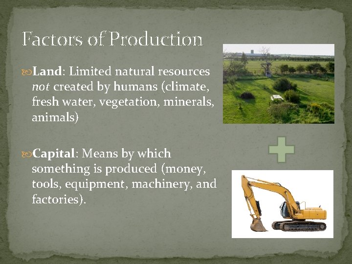 Factors of Production Land: Limited natural resources not created by humans (climate, fresh water,