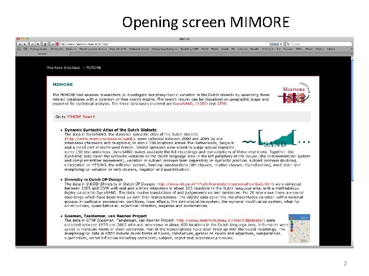 Opening screen MIMORE 2 